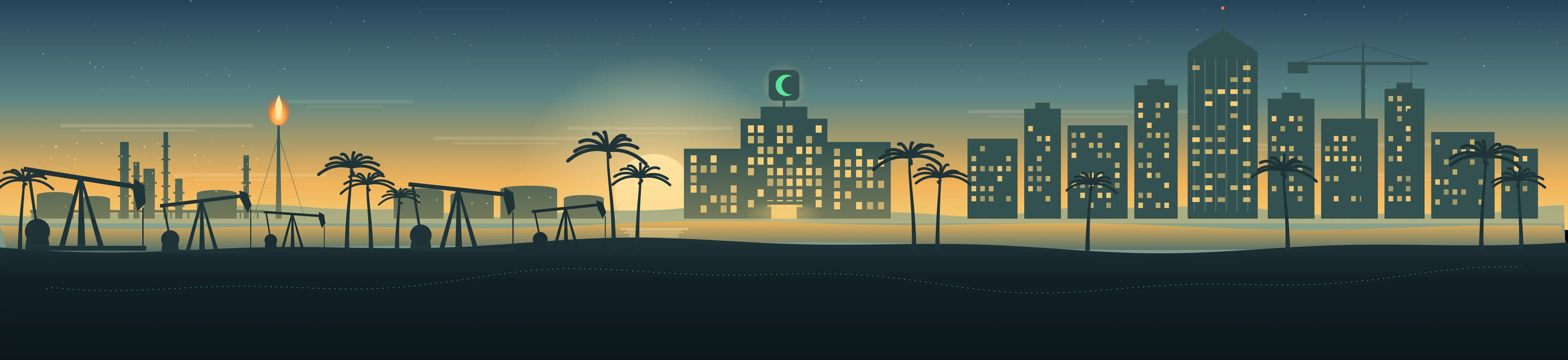 Illustration of an Iraqi horizon at dusk: an oil field, a hospital marked with a crescent, and a business district